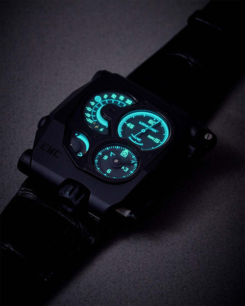 Explore the URWERK EMC Black at UR-LEGENDS. A pioneering creation blending analog mechanics with digital precision in stealth black.