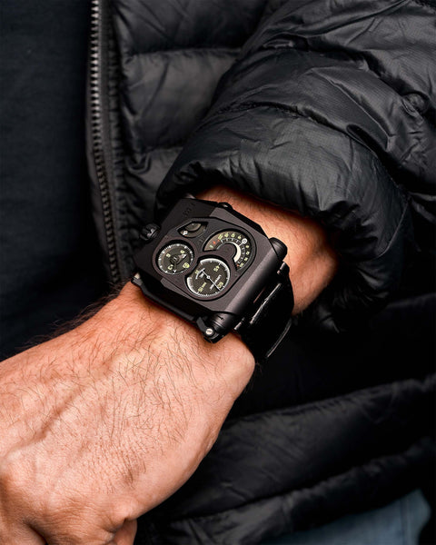 The URWERK EMC Black on wrist, exuding modern elegance and showcasing the innovative design of this limited-edition Swiss luxury watch.