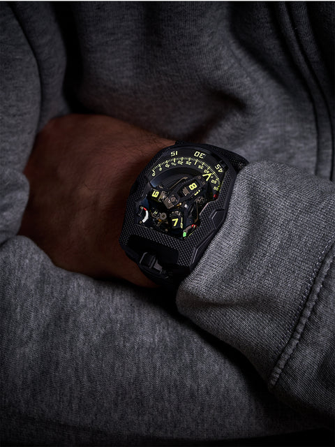 URWERK UR-210 Clou de Paris, limited to 75 pieces. Guilloché steel case with retrograde minutes and satellite display. Certified pre-owned with 3 year warranty.