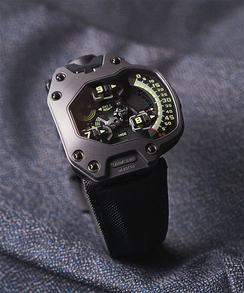 URWERK UR-100V Full Black Titanium Jacket watch with satellite time display and matte black case.