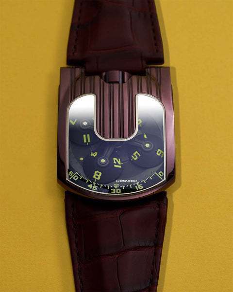 URWERK UR-103.08 TiAlN watch with satellite time display and colour shifting case.