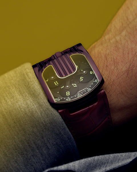 URWERK UR-103 TiAlN wrist shot showing colour shifting finish.