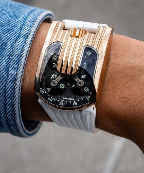 URWERK UR-103 rubber strap Kollektiv perforated black design.