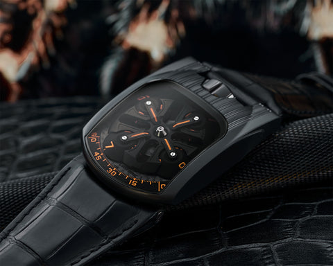URWERK UR-103T Mexican Fireleg watch with satellite time display and black case.
