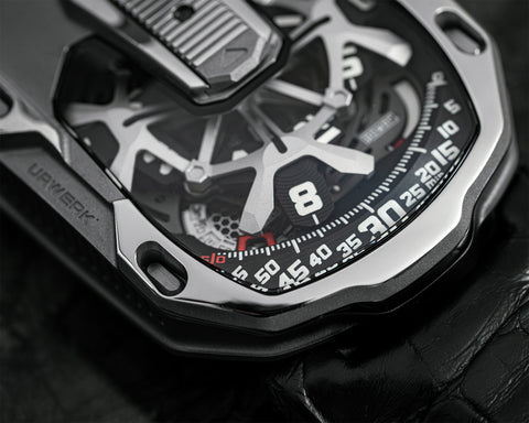 URWERK UR-105 CT Iron showing open-worked digital seconds and power reserve.