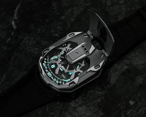 URWERK UR-105 CT Iron dial showing four rotating hour satellites on minute track.