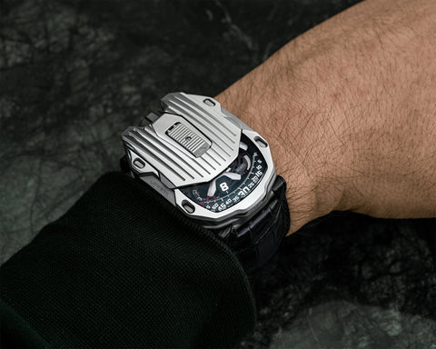  URWERK UR-105 CT Iron wrist shot showing integrated case design and presence.