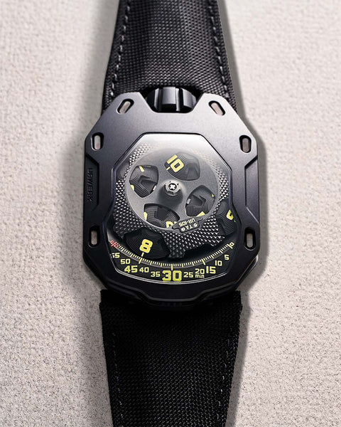 URWERK UR-105 TA All Black watch with satellite time display and matte black case.