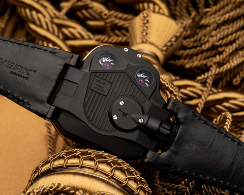 URWERK UR-110 red gold case-back showing twin turbine winding regulation system.