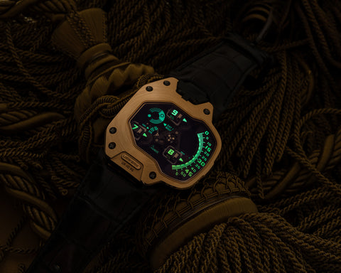 URWERK UR-110 red gold collector watch with satellite torpedo complication and lume.