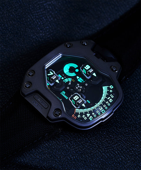 URWERK UR-110 TTH dial showing three torpedo shaped hour satellites on vertical minute track, with lume.