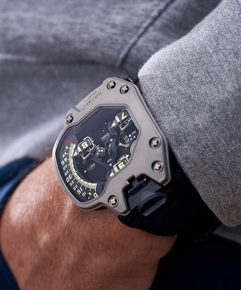 URWERK UR-110 TTH wrist shot showing weight and presence of tantalum case.