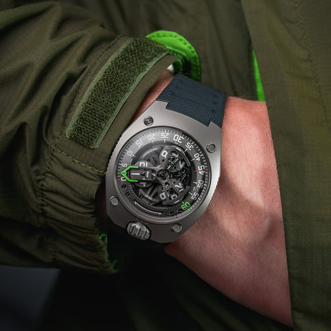 URWERK UR-150 rubber strap worn on wrist.
