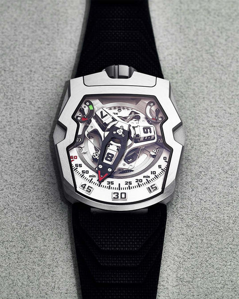 URWERK UR-210 Steel watch with satellite hour display and retrograde minute hand.