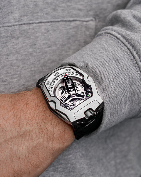 URWERK UR-210 Steel wrist shot showing presence and mechanical design.