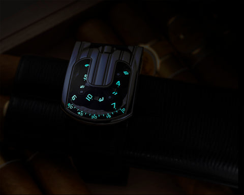 URWERK UR-103.05 luxury independent watch with satellite hours and cockpit inspired lume display.