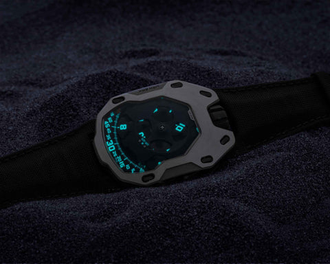 URWERK UR-105 M Iron Knight satellite watch in steel and titanium with 42 hour power reserve and oil change indicator, limited to 77 pieces at UR-LEGENDS.