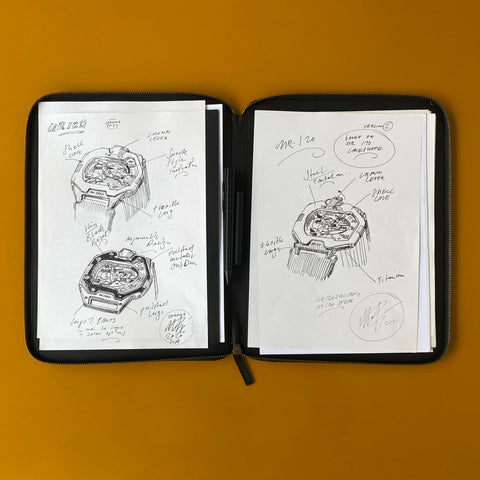 URWERK document holder interior with A4 compartment and paper pad insert.