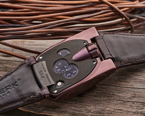 URWERK UR-103.08 TiAlN caseback showing control board with power reserve and fine tuning screw.