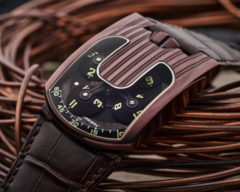 URWERK UR-103.08 TiAlN watch with satellite time display and purple brown case finish.