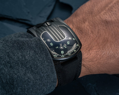URWERK UR-103.09 collector watch with black steel case and satellite complication.