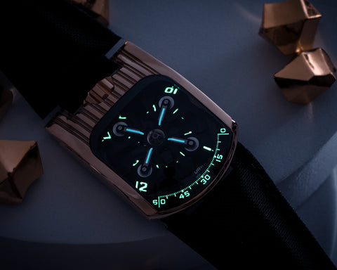 Close view of URWERK UR-103T Tarantula structure supporting rotating hour satellites with lume.