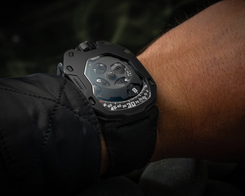 URWERK UR-105 M Dark Knight limited edition watch with matte black finish and satellite complication.