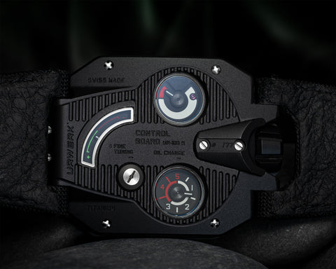 URWERK UR-105 Dark Knight case-back with control board, oil change indicator, and fine tuning screw.
