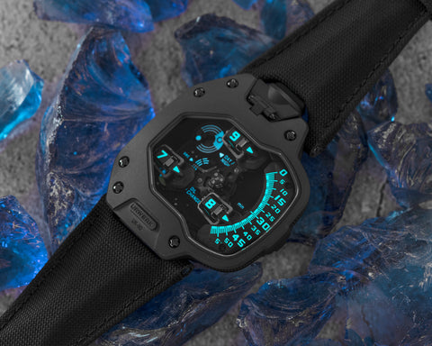 URWERK UR-110 AlTiN Singapore limited edition of 5 pieces with blue accented satellite display, with blue lume.