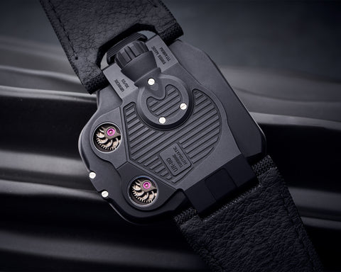 URWERK UR-110 ST Ribbed caseback showing twin turbine winding regulation system.