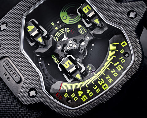 Close view of URWERK UR-110 ST Ribbed satellite torpedo display and minute track.