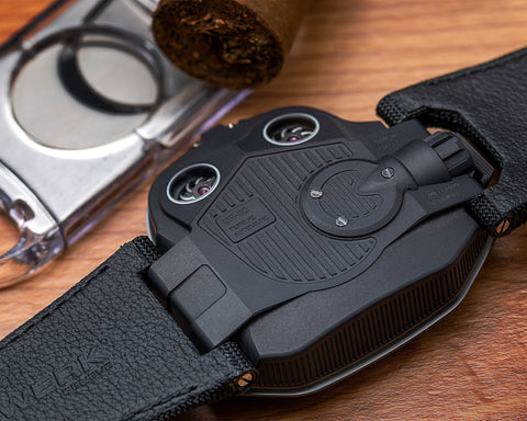 URWERK UR-110 ST steel ribbed case with protective shield bezel covering satellite complication display.