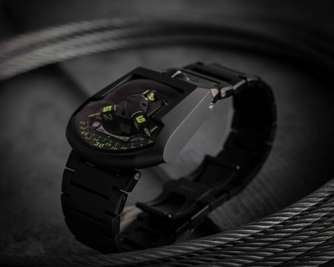 URWERK UR-202S AlTiN case and bracelet with matte black finish and striped dial architecture