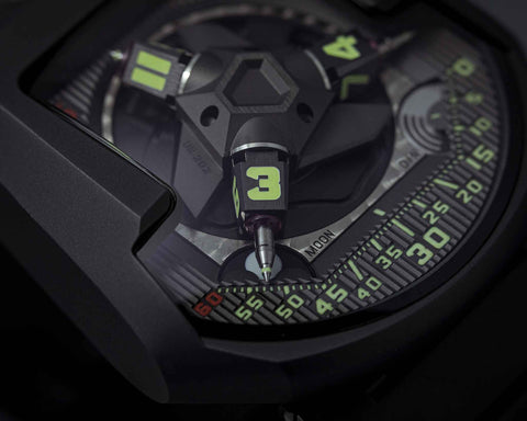 URWERK UR-202S Hammerhead dial showing three orbiting satellites with extending telescopic minute hands.
