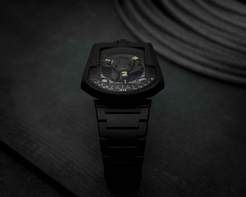 URWERK UR-202S AlTiN Hammerhead full metal watch with telescopic minute hands and satellite time display.