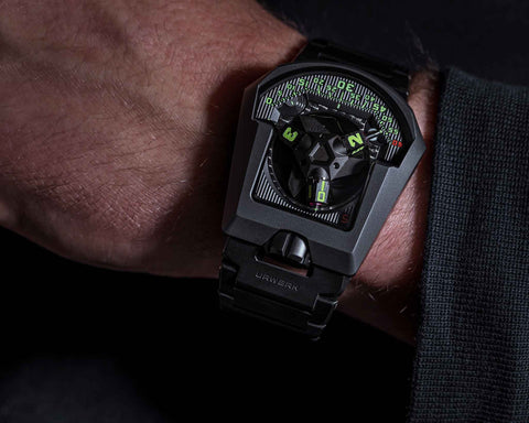 URWERK UR-202S Full Metal Jacket bracelet detail with complex multi link titanium construction.
