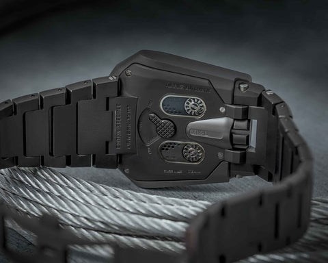  URWERK UR-202S Hammerhead case-back showing twin turbine winding regulation system.
